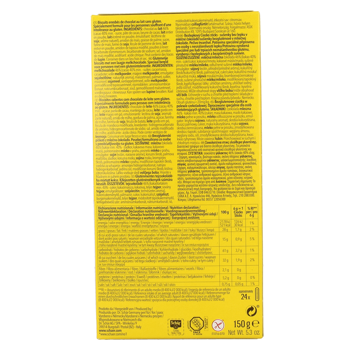 Schar gluten-free chocolate sticks in 150g package, showing crispy koeken biscuits with chocolate coating.