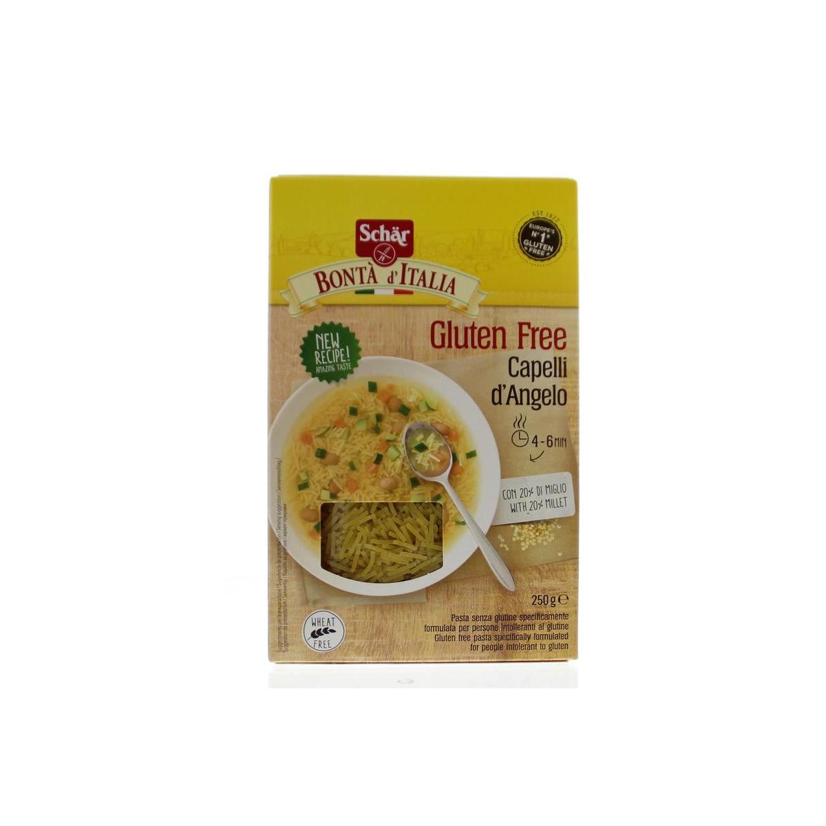 Schar Capelli d'Angelo gluten-free vermicelli pasta in 250g pack, thin pasta strands for gluten-free dishes.
