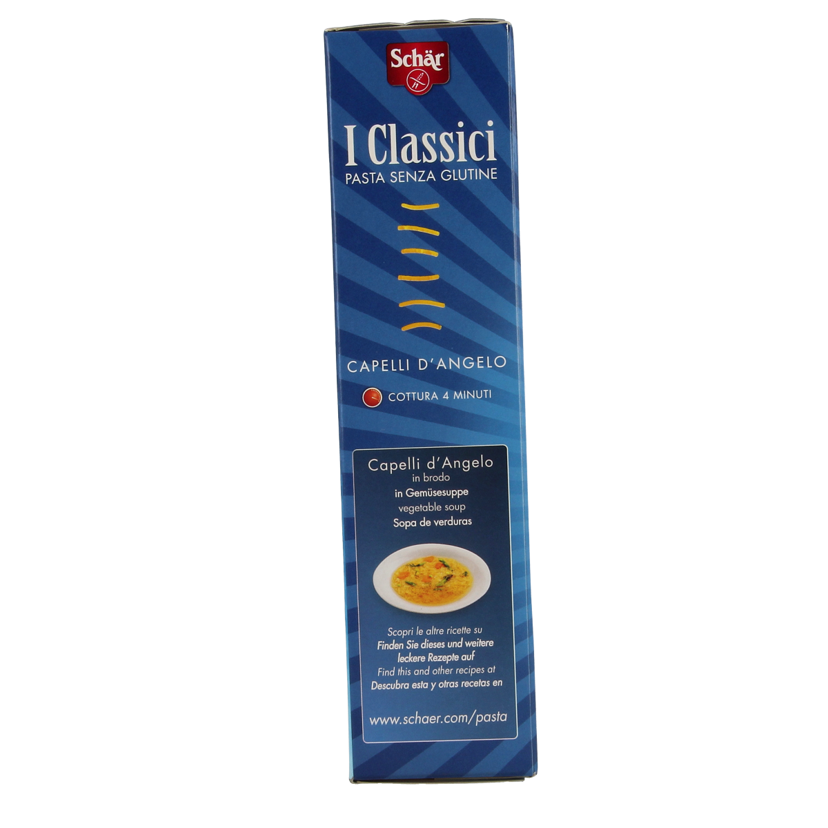 Schar Capelli d'Angelo gluten-free vermicelli pasta in 250g package, fine and delicate pasta strands for gluten-free dishes.