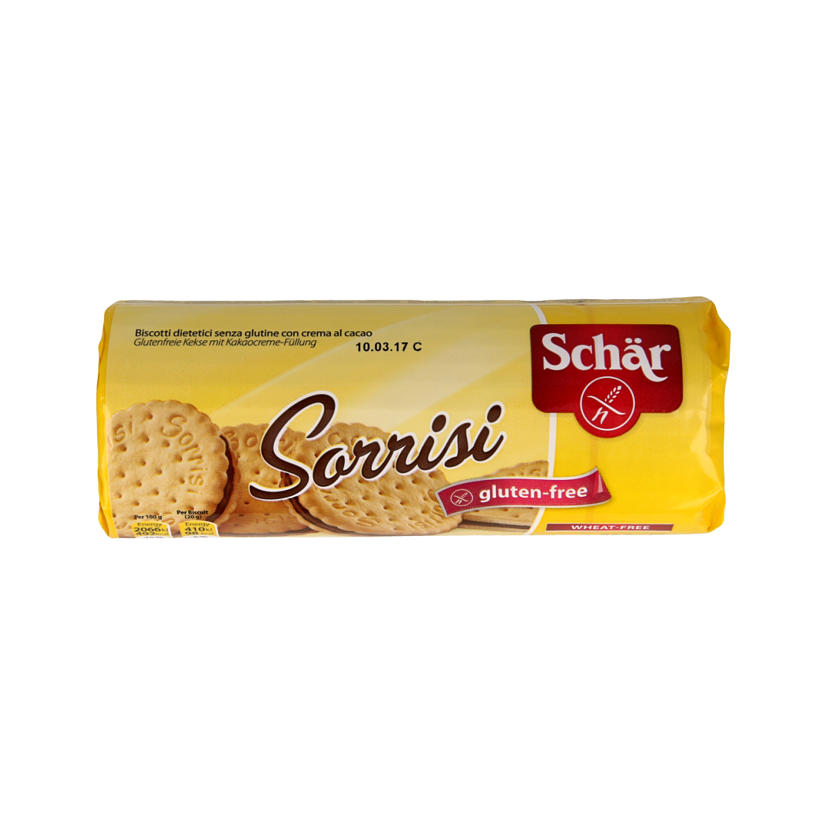 Gluten-free Schar Sorrisi cookies in a 250g package, showing golden-brown koeken on a white plate.