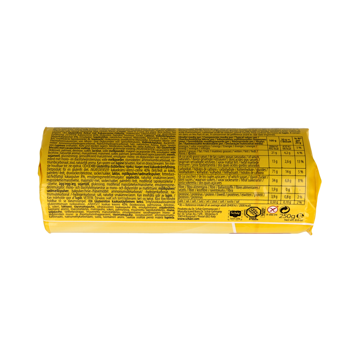 Schar Sorrisi gluten-free cookies in a 250g package, showing golden, crispy biscuits with a textured surface.