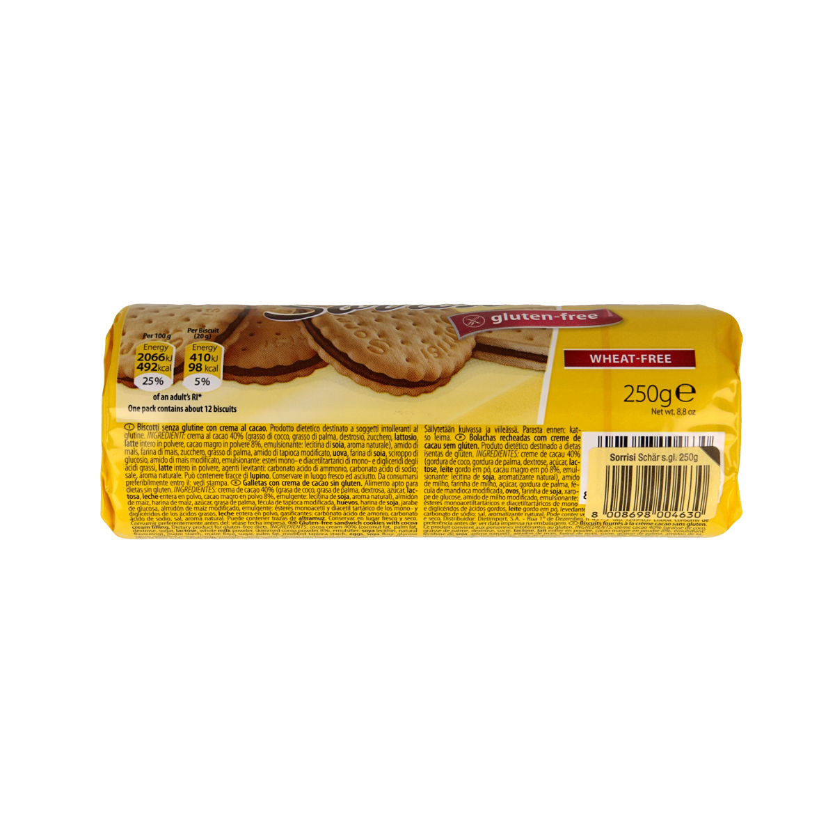Schar Sorrisi gluten-free cookies on a plate, 250g package, crispy snack with a golden-brown appearance.