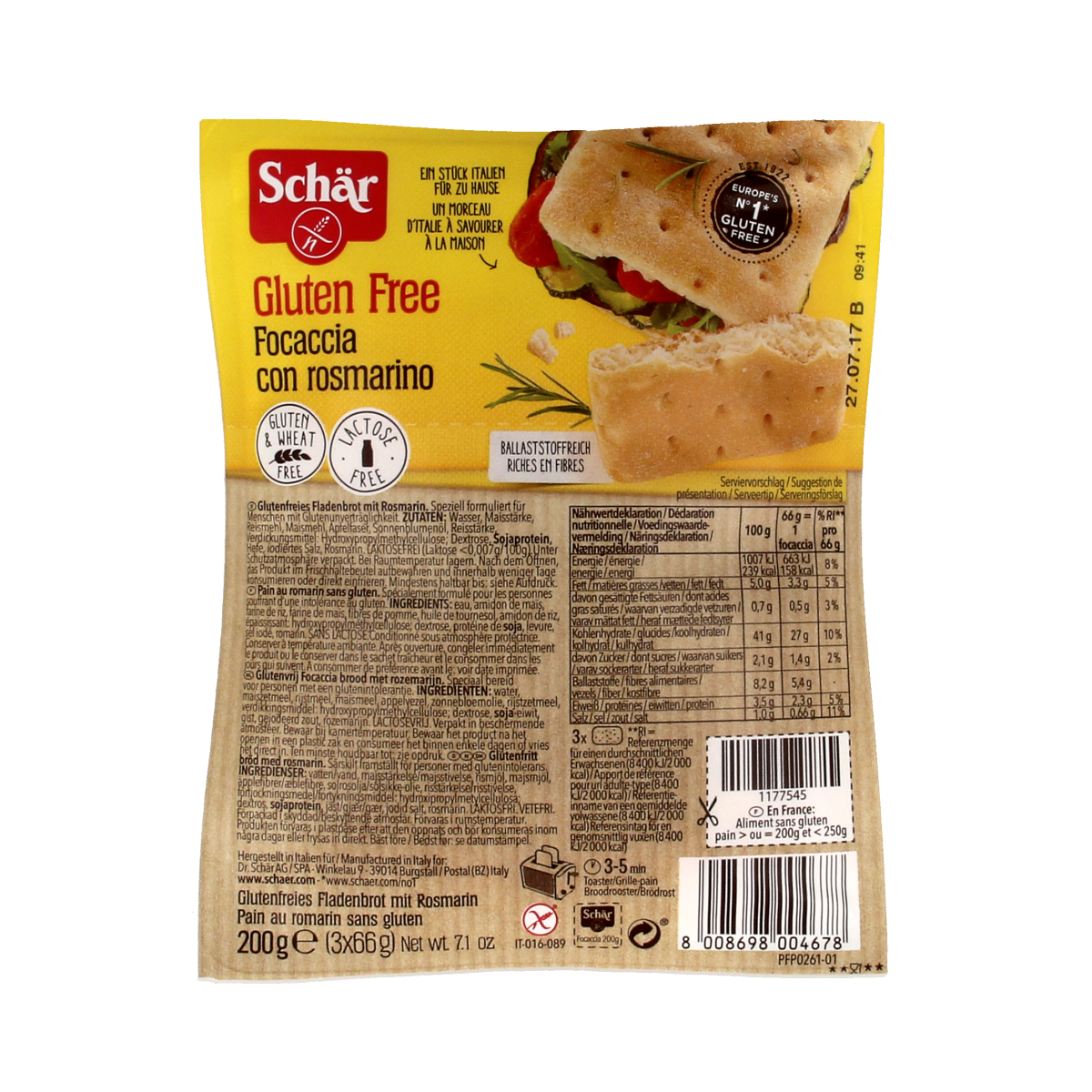 Schar glutenvrije focaccia bread 200g, showing golden baked focaccia with herbs and olive oil on a rustic wooden surface.