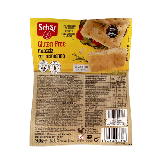 Schar glutenvrije focaccia bread 200g, showing golden baked focaccia with herbs and olive oil on a rustic wooden surface.