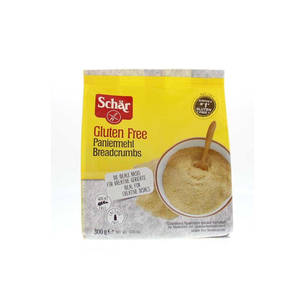 Schar glutenvrije paneermeel in 300g package, ideal for breading and coating, shown in a close-up image