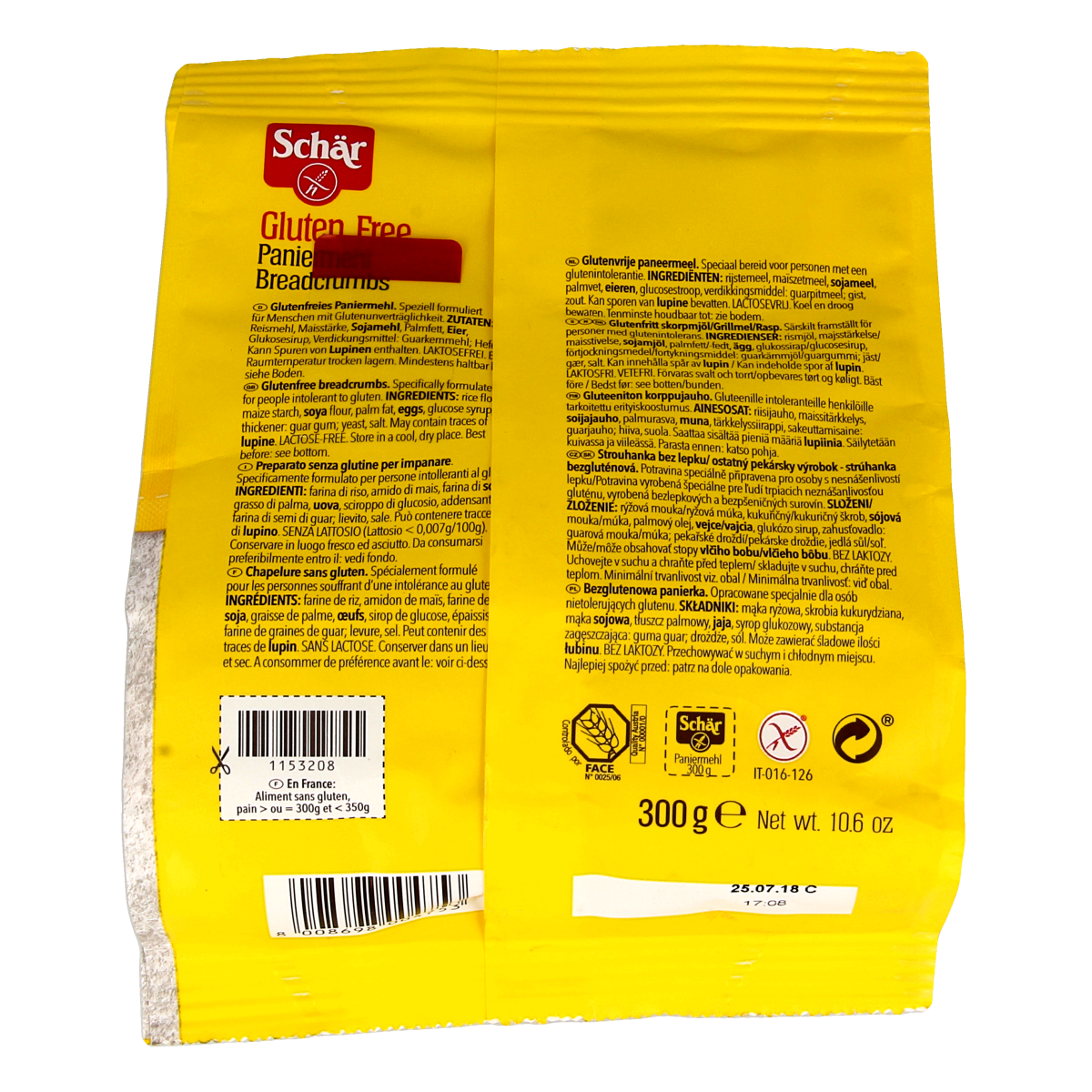 Gluten-free Schar Pan grati paneermeel in a 300g package, used as a seasoning or coating in sauces and flavorings.