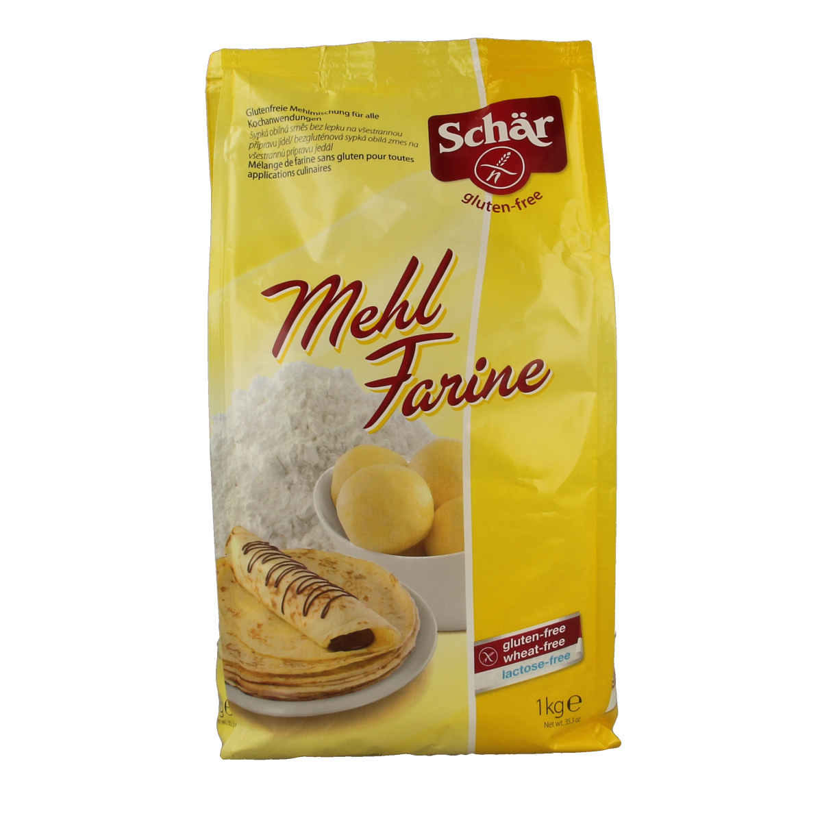 Schar gluten-free flour bag labeled "Mehl" with 1kg weight, used for baking and cooking in gluten-free recipes.