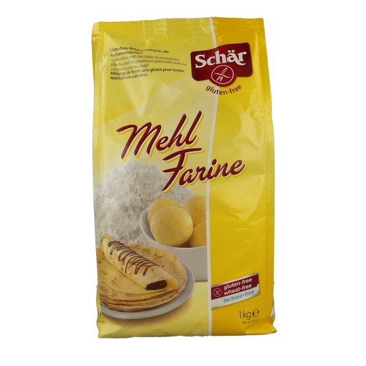 Schar gluten-free flour bag labeled "Mehl" with 1kg weight, used for baking and cooking in gluten-free recipes.