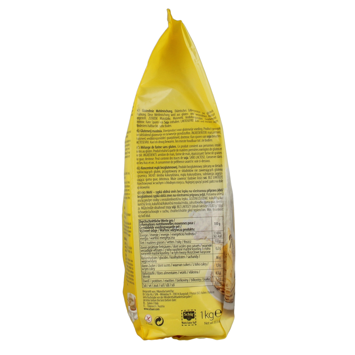Schar gluten-free flour in 1kg bag, ideal for baking mixes and gluten-free recipes.
