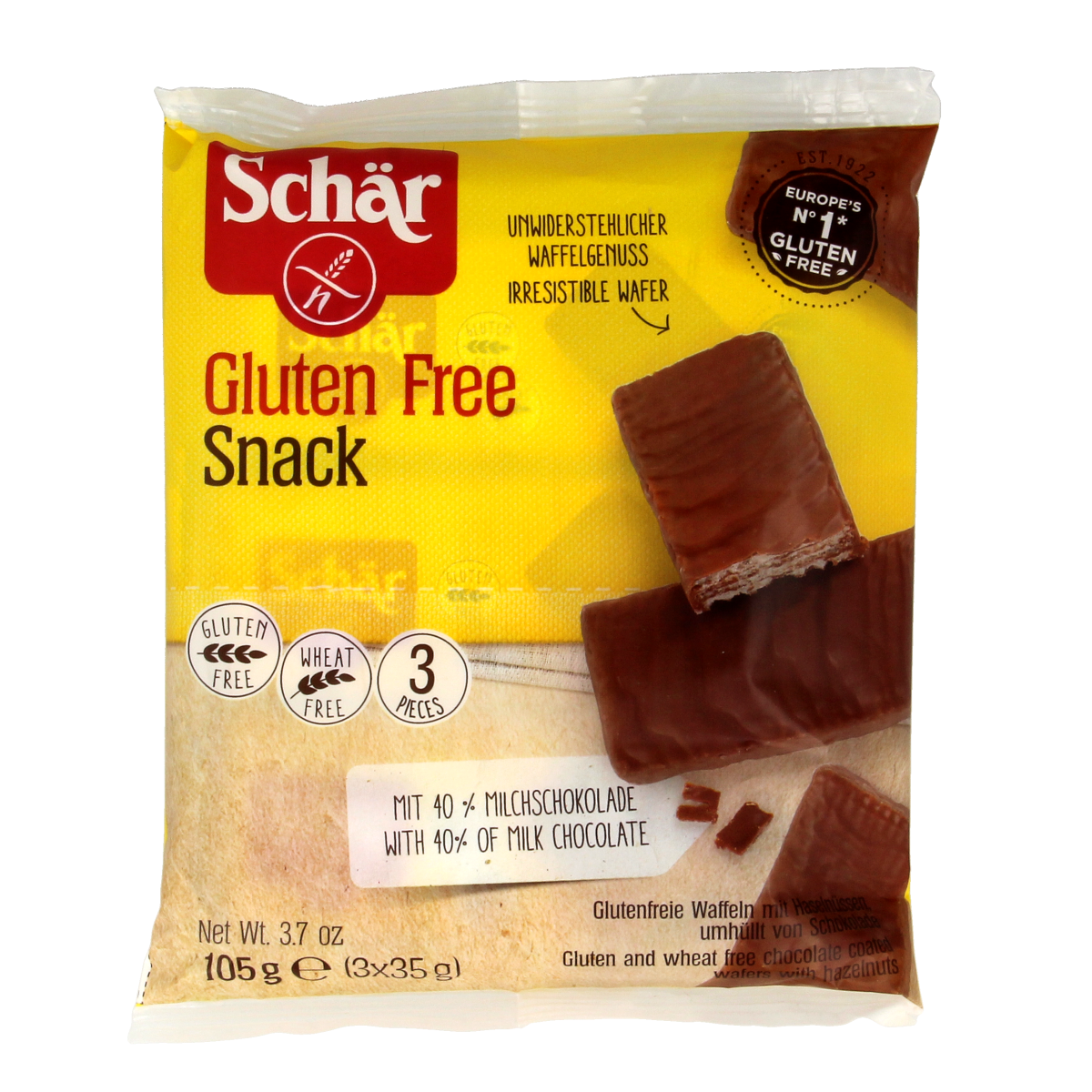 Schar gluten-free snack pack with three bags of chips and zoutjes, 105 grams each, in colorful packaging.
