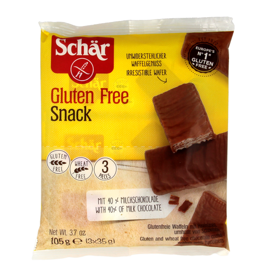 Schar gluten-free snack pack with three bags of chips and zoutjes, 105 grams each, in colorful packaging.