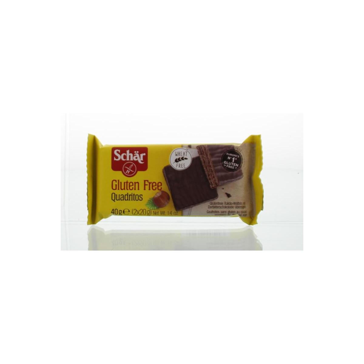 Schar Quadritos cacao gluten-free wafers, 40g, with crispy chocolate-coated cookies on a white background.