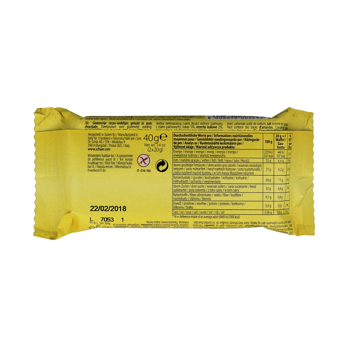 Schar Quadritos cacao gluten-free waffle cookies, 40g, with chocolate coating and crispy texture, shown in the image.