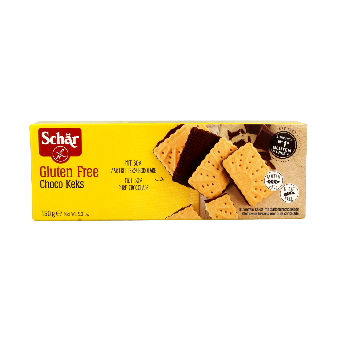 Schar Choko Keks gluten-free crackers in a 150g package, featuring chocolate flavor and crispy texture.