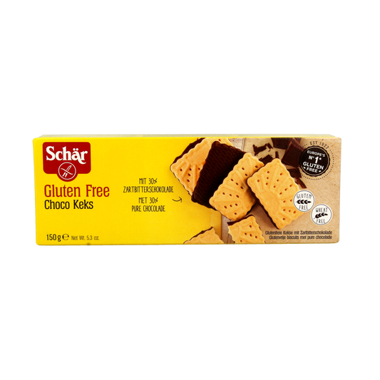 Schar Choko Keks gluten-free crackers in a 150g package, featuring chocolate flavor and crispy texture.