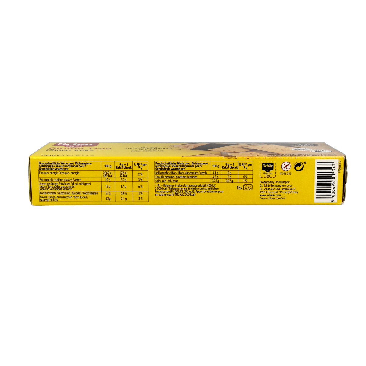 Schar Choko Keks gluten-free crackers, 150 grams, with chocolate flavor and crispy texture in a close-up image.
