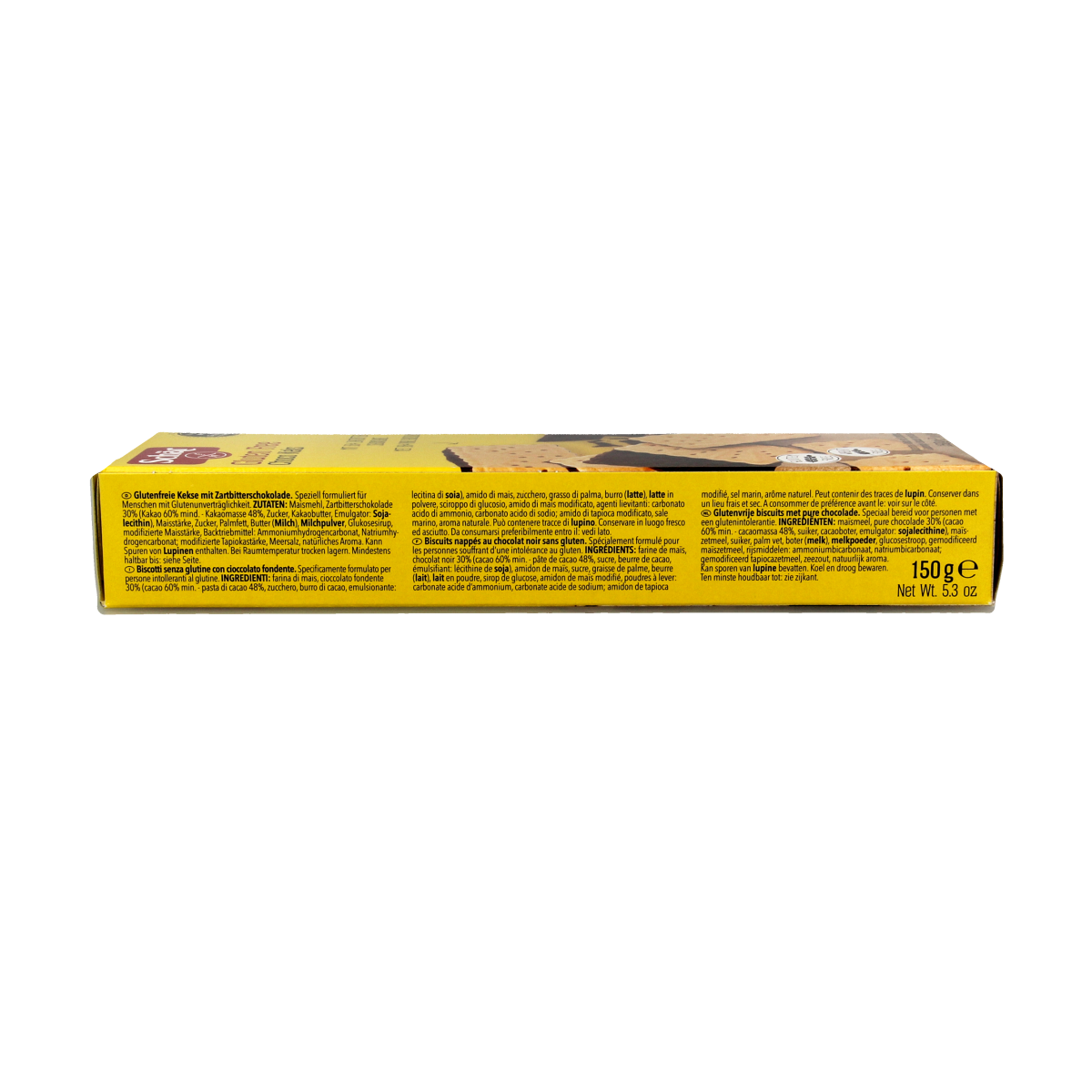 Schar Choko Keks gluten-free 150g, showing a pack of chocolate-flavored crackers in a clear plastic wrapper.