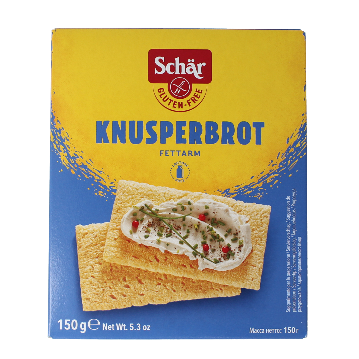 Schar glutenvrije Crispbread crackers, 150g, crispy gluten-free bread slices on a white plate.