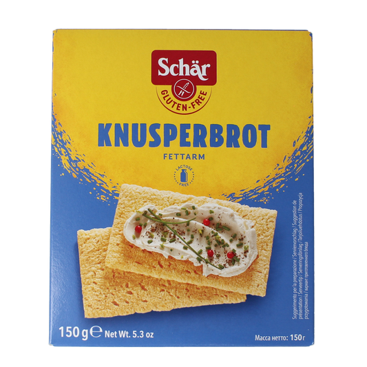 Schar glutenvrije Crispbread crackers, 150g, crispy gluten-free bread slices on a white plate.