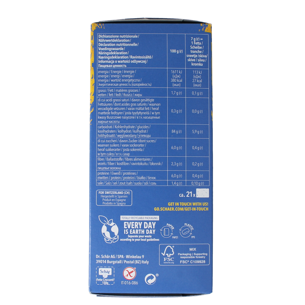 Schar gluten-free crispbread in a 150g package, showing golden, crunchy cracker slices on a white background.