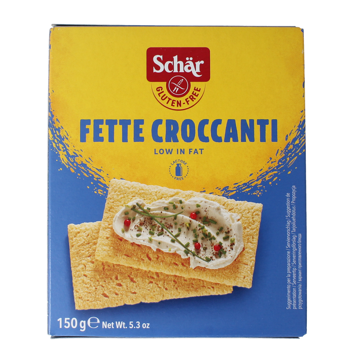 Schar gluten-free crispbread in 150g package, crispy whole grain crackers for gluten-sensitive diets.