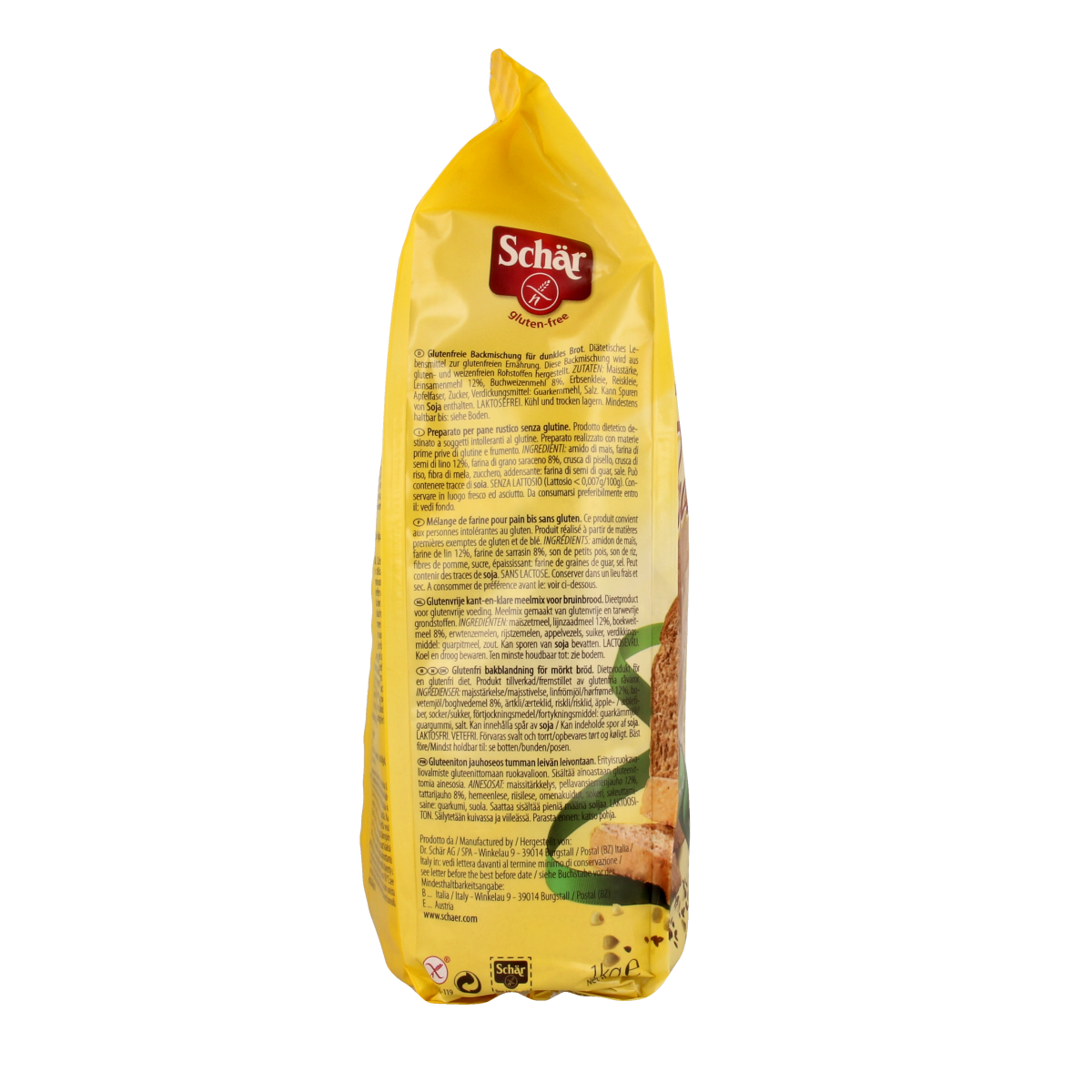 Schar Bruin Glutenvrij Broodmix in 1kg bag for gluten-free baking, featuring a brown bread mix from Schar.