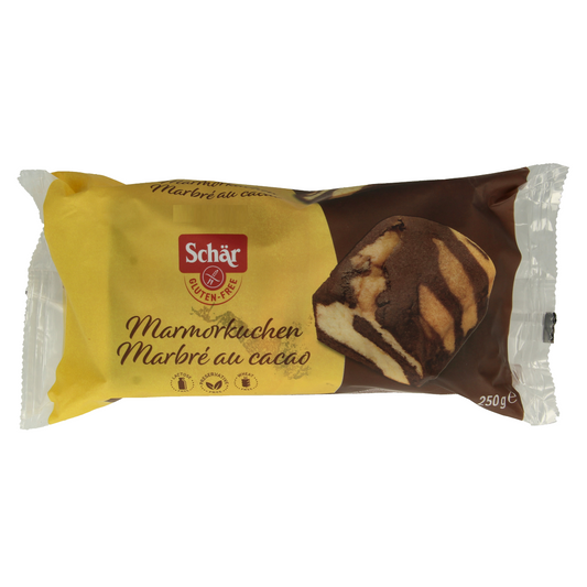 Schar gluten-free marble cake koeken on a plate, showing marbled pattern and golden-brown crust, 250g.