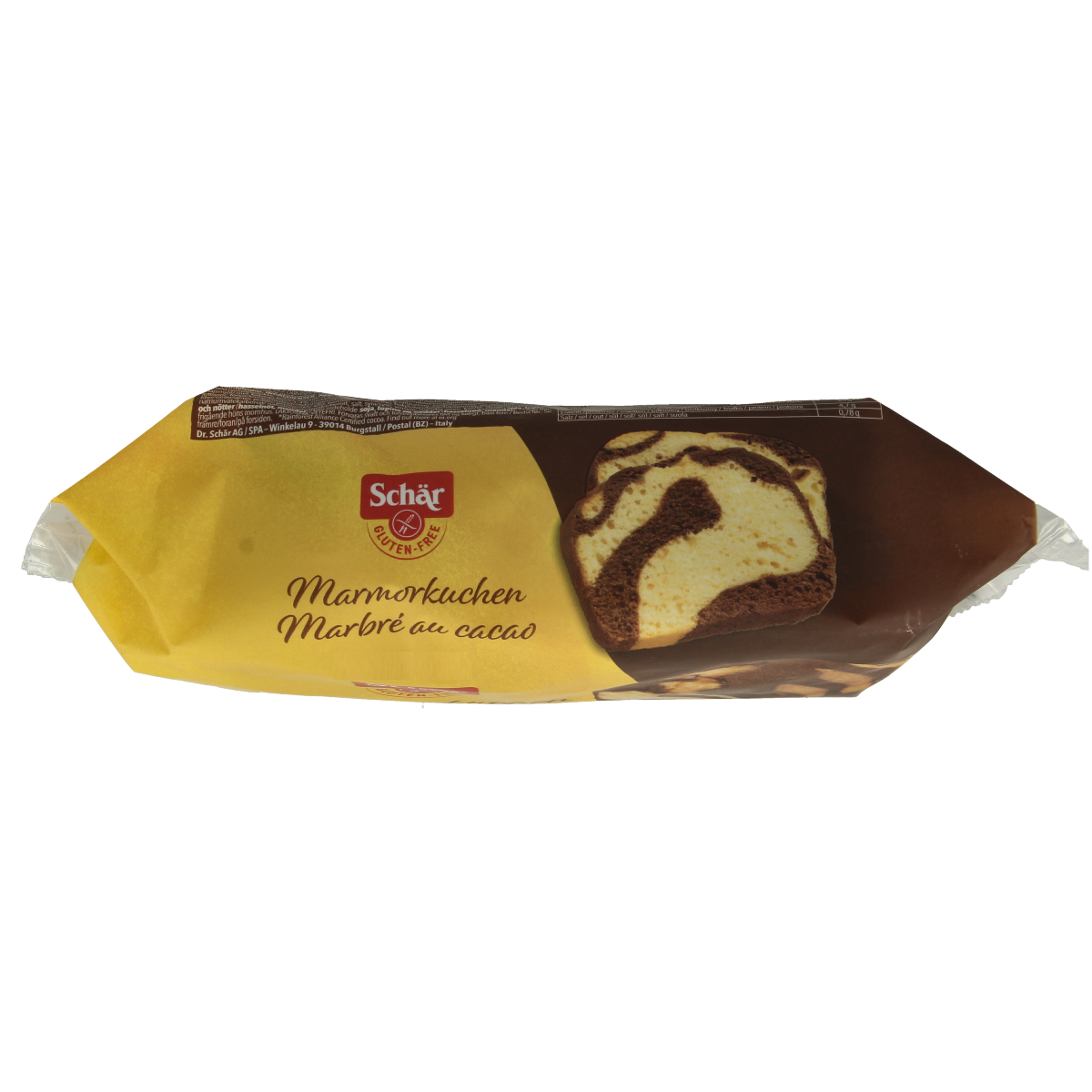 Schar gluten-free marble cake koeken in 250g package, showing sliced marbled pattern and golden-brown crust.