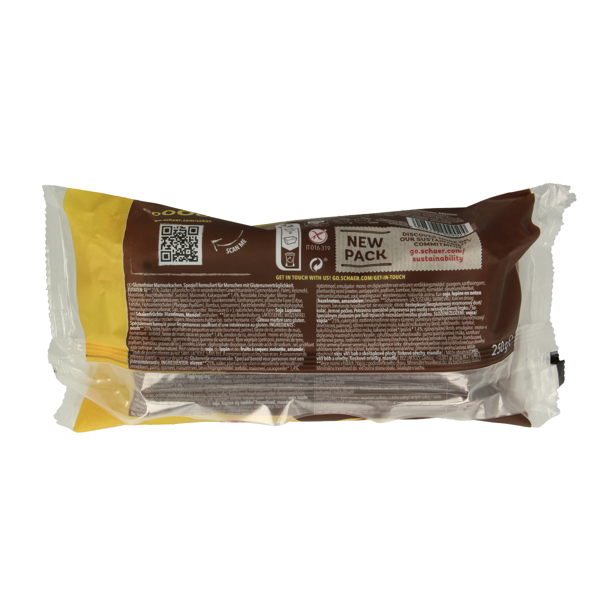 Schar gluten-free marble cake koeken, sliced with marbled chocolate and vanilla layers on a white plate.