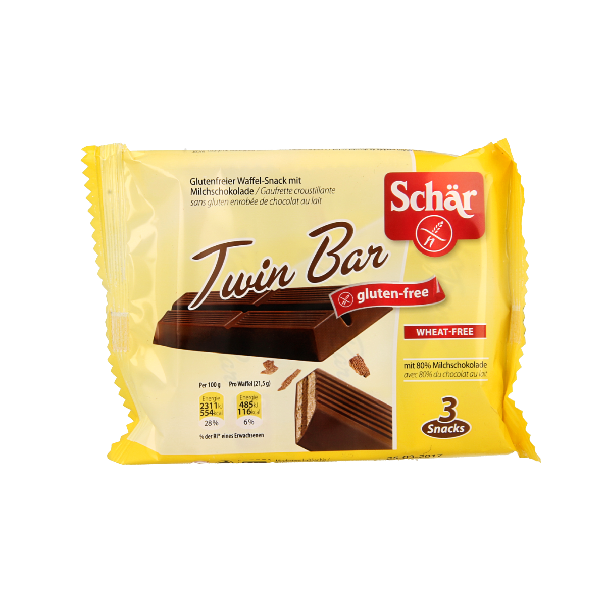 Schar Twin Bar gluten-free snack pack with three 64.5g chocolate bars, featuring chocolate coating and crunchy biscuit interior.