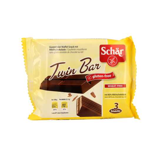 Schar Twin Bar gluten-free snack pack with three 64.5g chocolate bars, featuring chocolate coating and crunchy biscuit interior.