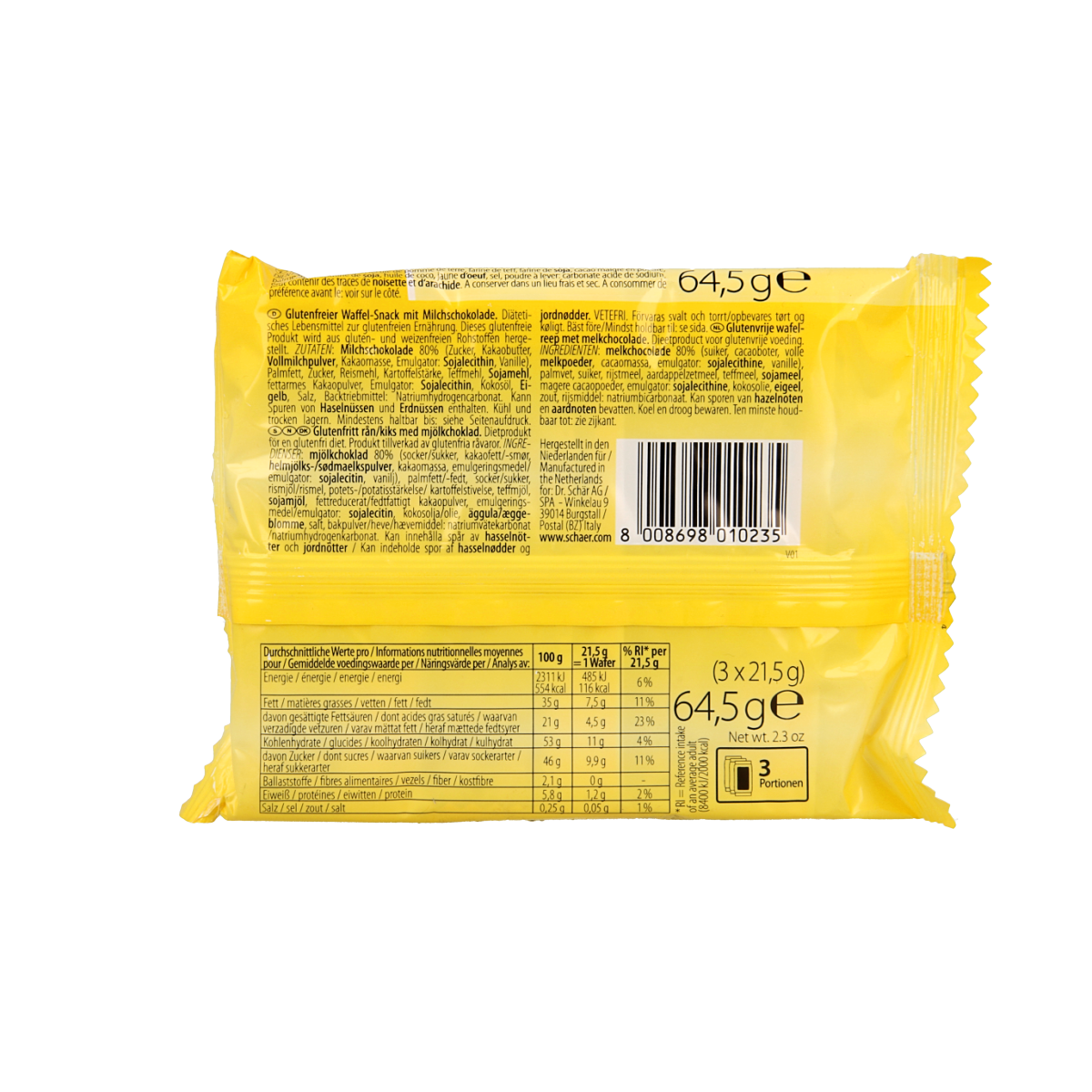 Schar Twin Bar gluten-free snack pack with three 64.5g bars, featuring chocolate and caramel coating, in a colorful wrapper.
