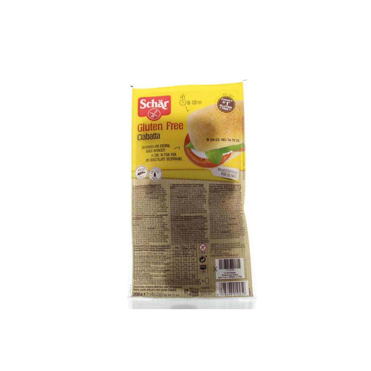 Gluten-free Schar Ciabatta bread rolls, 4 pieces, fresh and crusty, perfect for sandwiches or snacking.