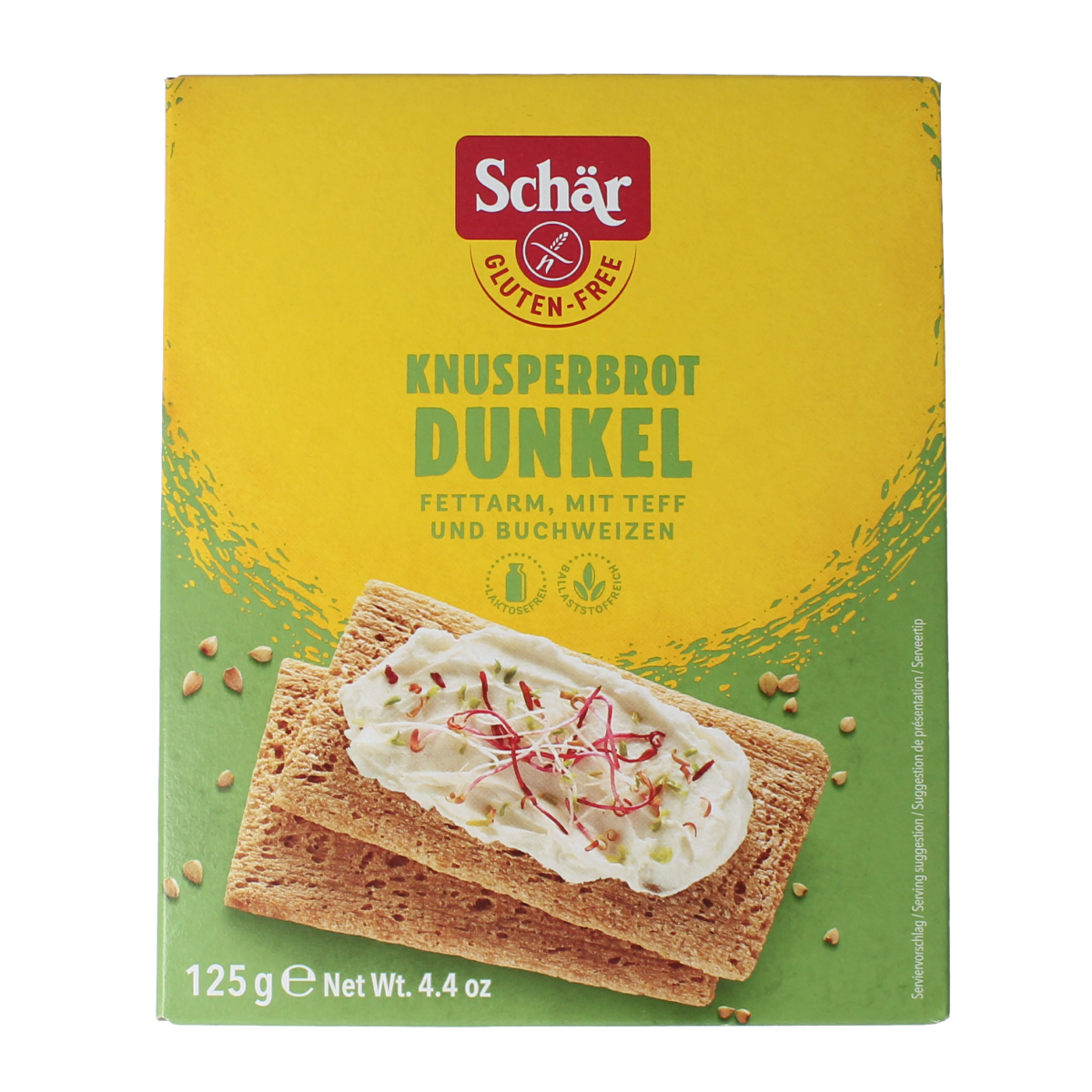 Schar gluten-free fibre crispbread crackers on a white background, showing the 125g package with textured surface.