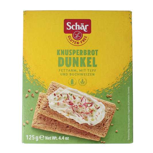 Schar gluten-free fibre crispbread crackers on a white background, showing the 125g package with textured surface.