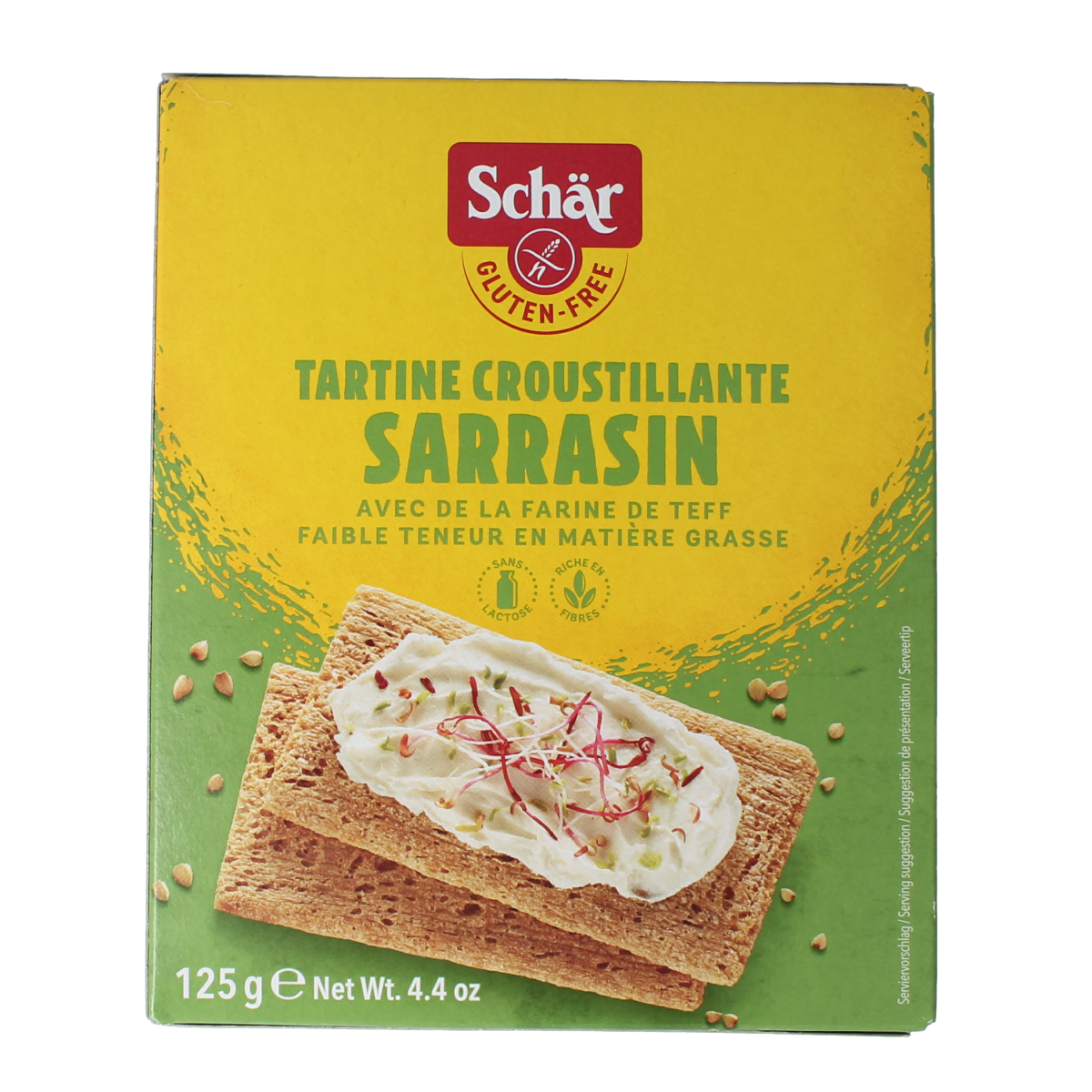 Schar gluten-free fibre crispbread crackers, 125g, showing golden-brown crispbread slices with textured surface.
