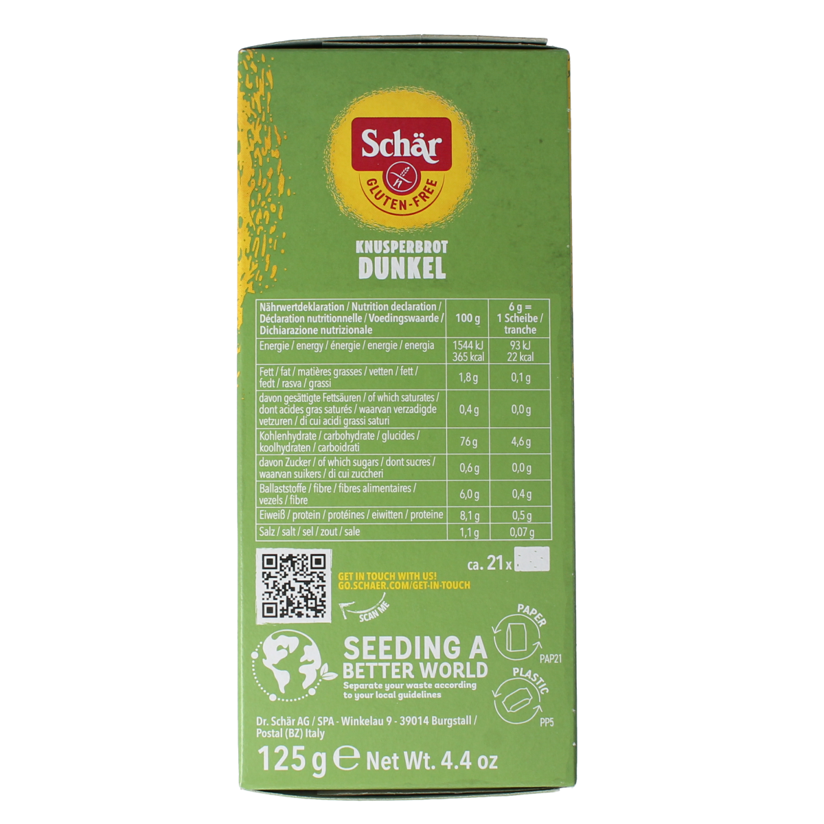 Schar Fibre gluten-free crispbread crackers 125g, showing rectangular, crunchy whole grain crispbread on a white background.
