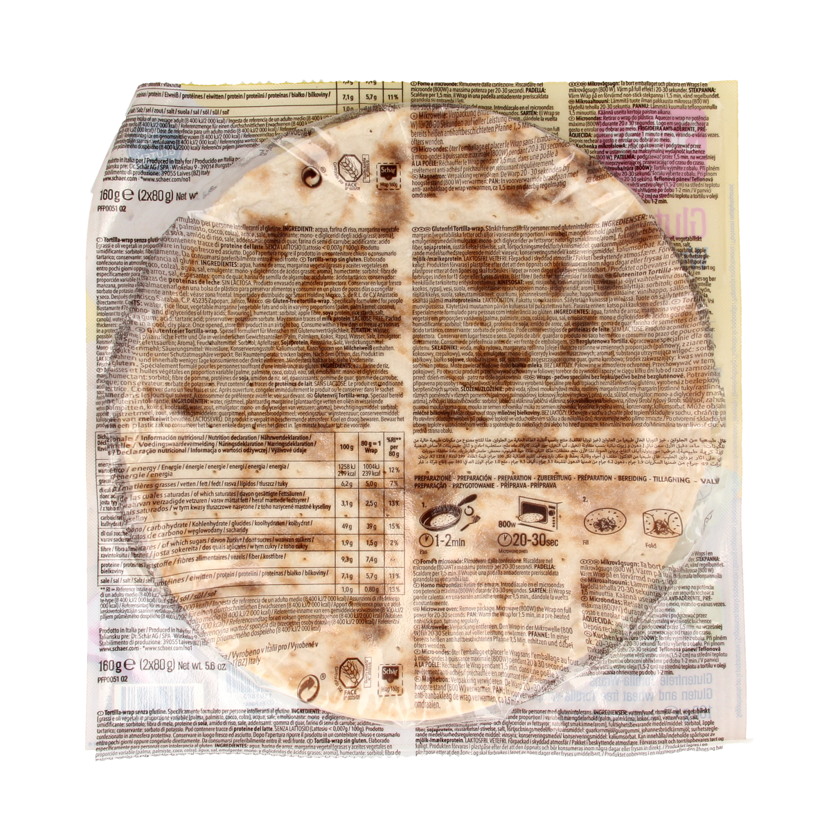 Gluten-free Schar Wraps pizza and wraps, 160g package, soft and flexible flatbreads for sandwiches and snacks.