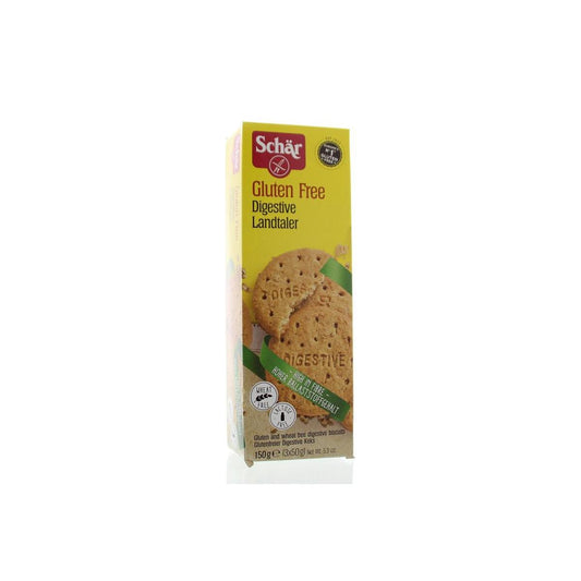 Schar Digestive gluten-free cookies in a 150g package, showing golden-brown crunchy biscuits on the front.