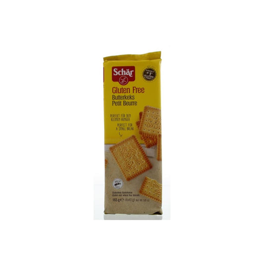 Schar Butterkeks gluten-free biscuits in a 165g package, showing golden, crispy koeken with a smooth surface and embossed pattern.