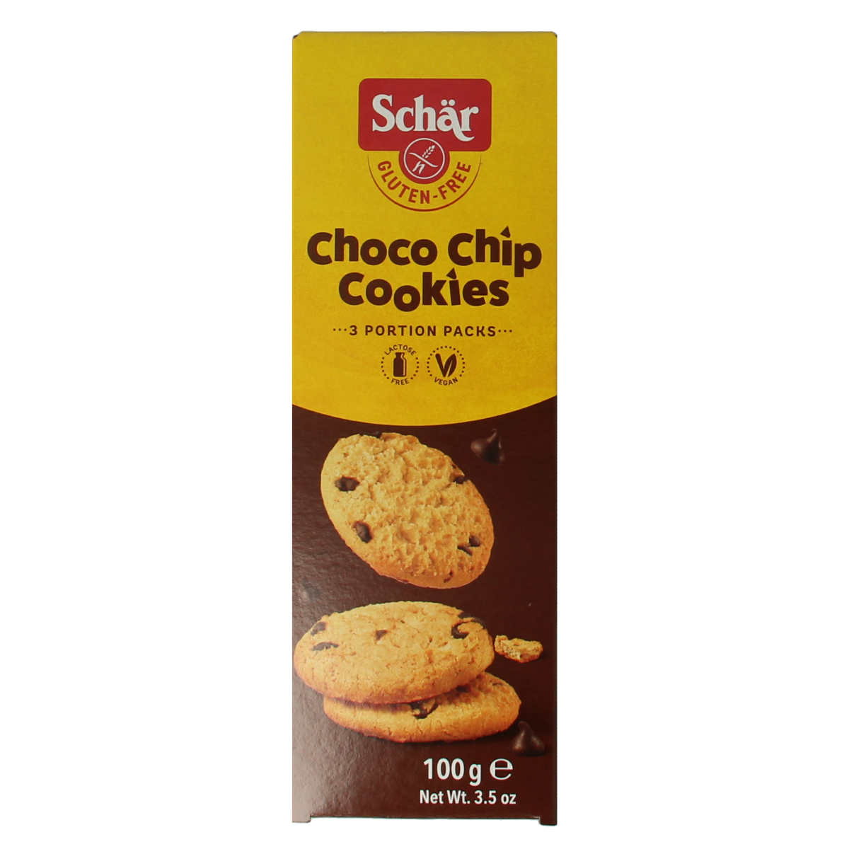 Schar gluten-free choco chip cookies, 100g, showing golden baked koeken with chocolate chips on top.