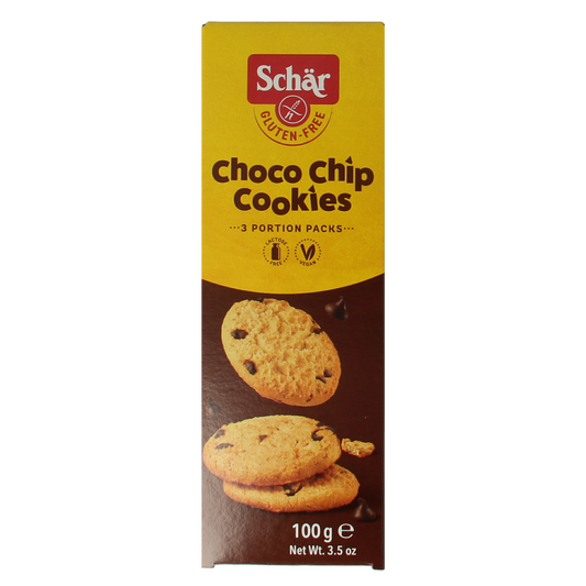 Schar gluten-free choco chip cookies, 100g, showing golden baked koeken with chocolate chips on top.