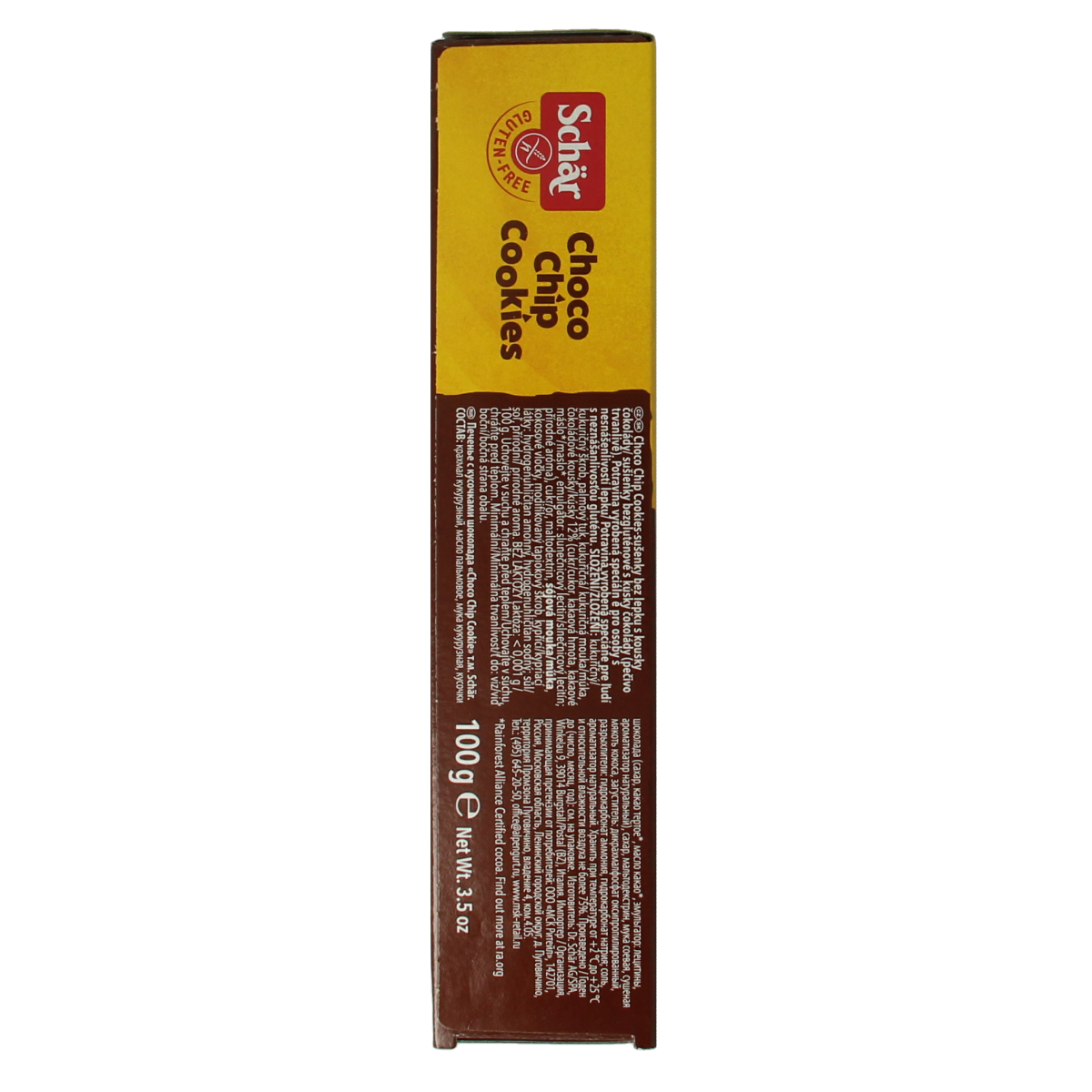 Schar gluten-free choco chip cookies in a 100g package, showing golden-brown cookies with chocolate chips.