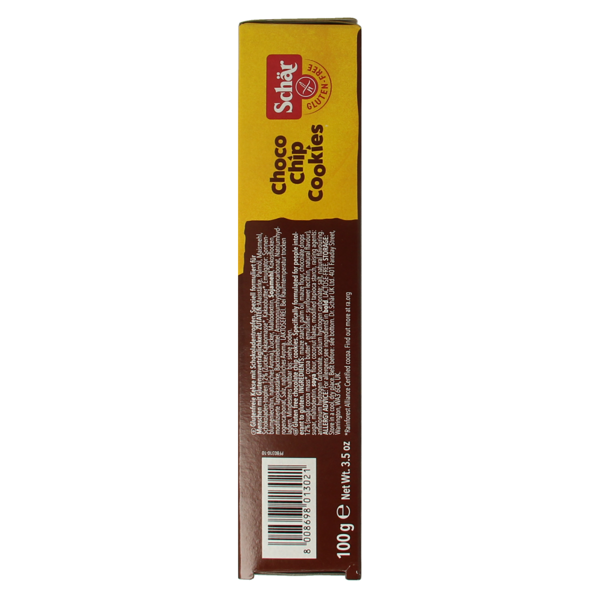 Schar gluten-free chocolate chip cookies in a 100g package, showing golden cookies with chocolate chips.