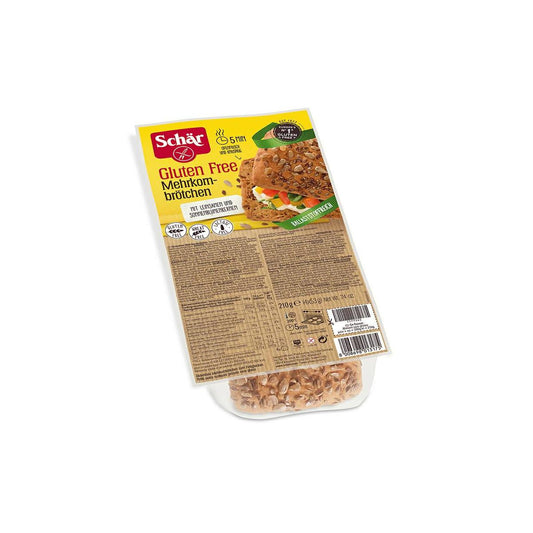 Schar Meergranenbroodjes glutenvrij, 210g, view of golden, multigrain gluten-free bread rolls on a plate.