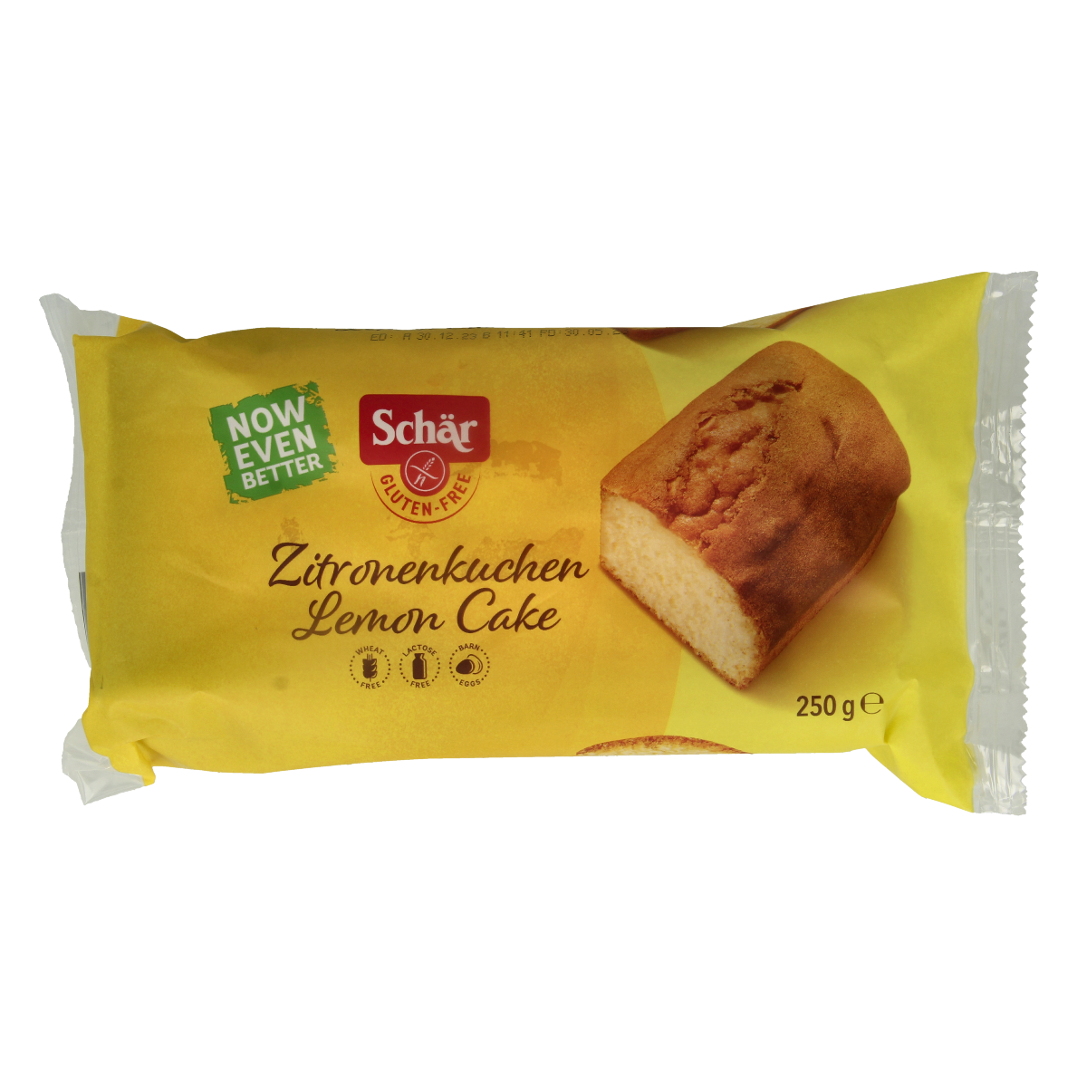Schar Citroen cake glutenvrij koeken with lemon flavor in 250g package, showing the packaged gluten-free lemon-flavored cookies.