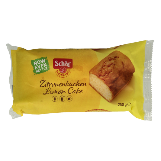 Schar Citroen cake glutenvrij koeken with lemon flavor in 250g package, showing the packaged gluten-free lemon-flavored cookies.