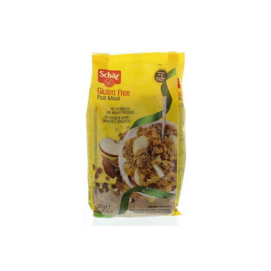 Schar gluten-free fruit muesli in a 375g package, featuring a mix of grains and dried fruits for a healthy breakfast.