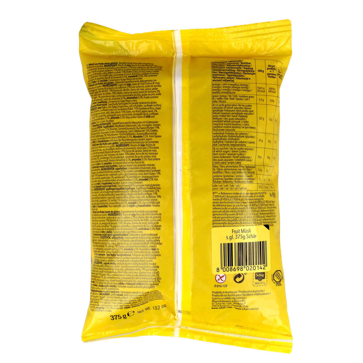 Schar gluten-free fruit muesli in a 375g package with colorful dried fruit and oats for a healthy breakfast option