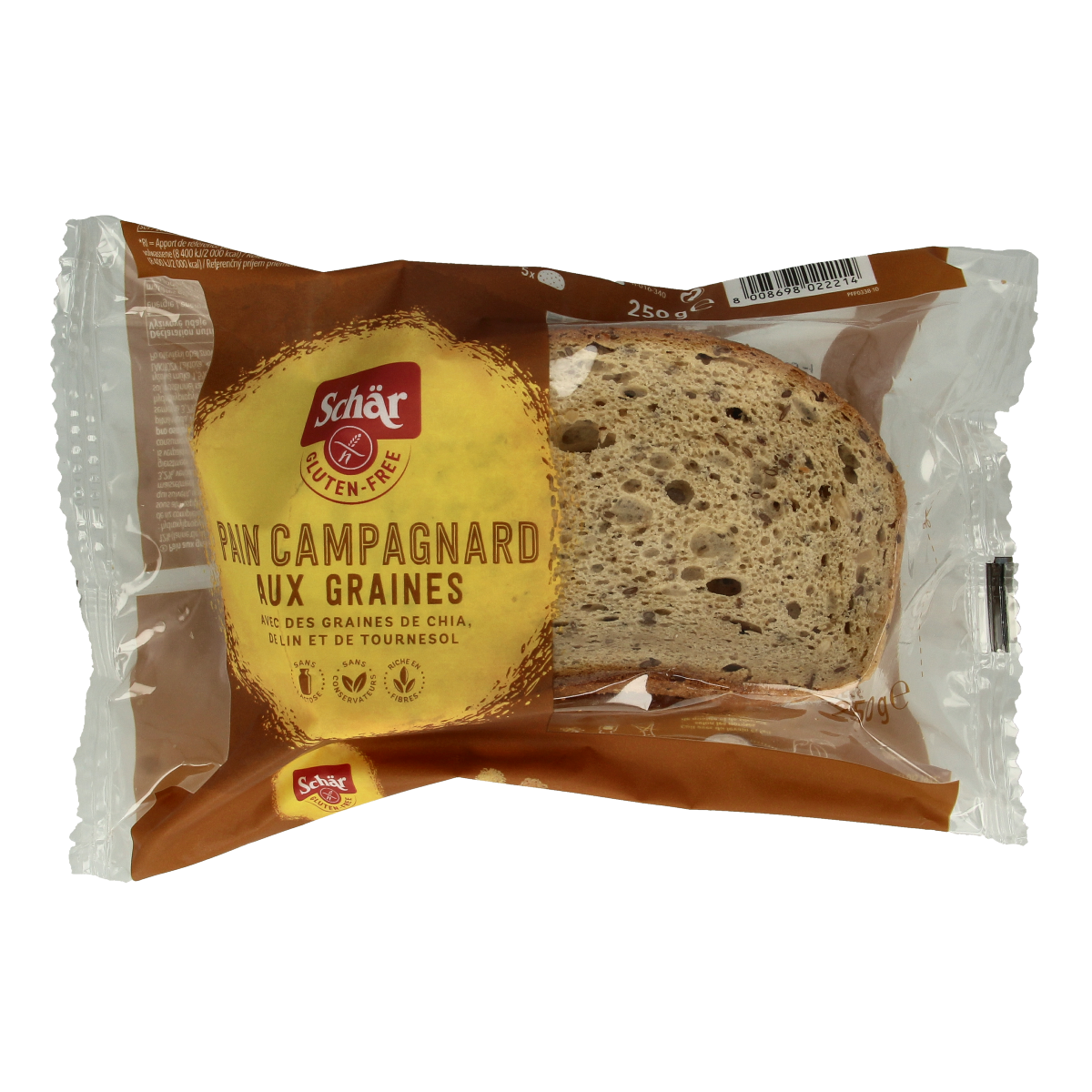Schar Pain campagnard meergranenbrood glutenvrij 250g, gluten-free multigrain bread with a rustic crust and seeded topping.